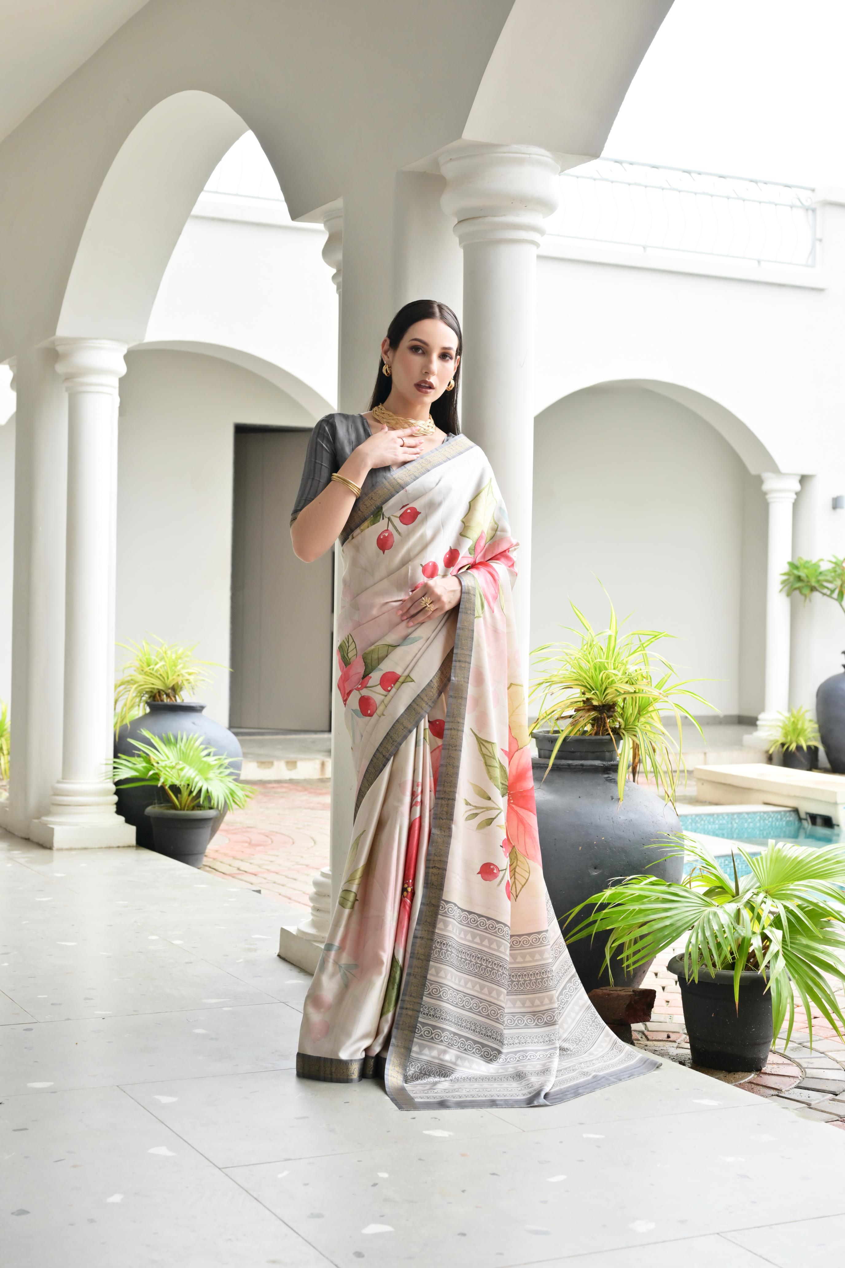 Beige Grey Printed Woven Satin Silk Saree — alternate view