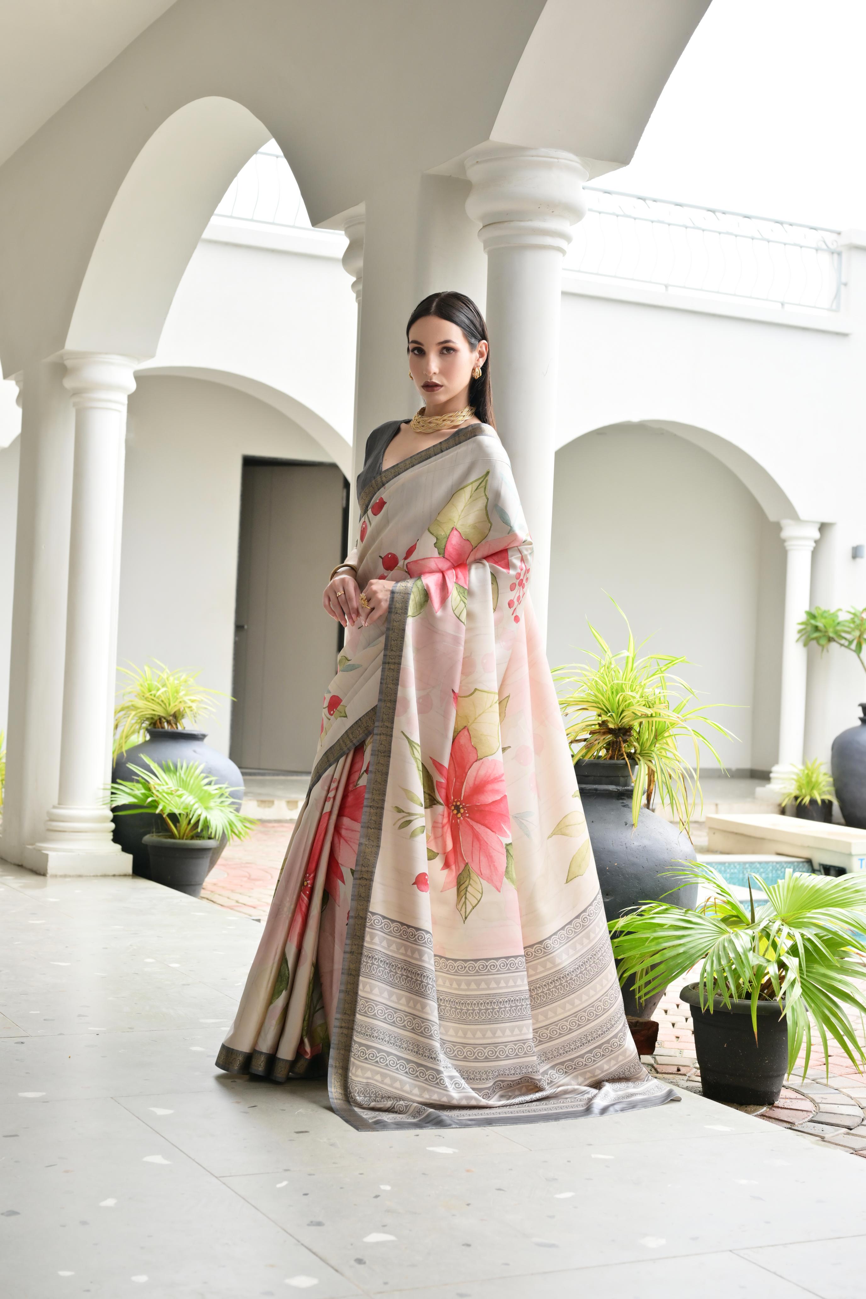 Beige Grey Printed Woven Satin Silk Saree