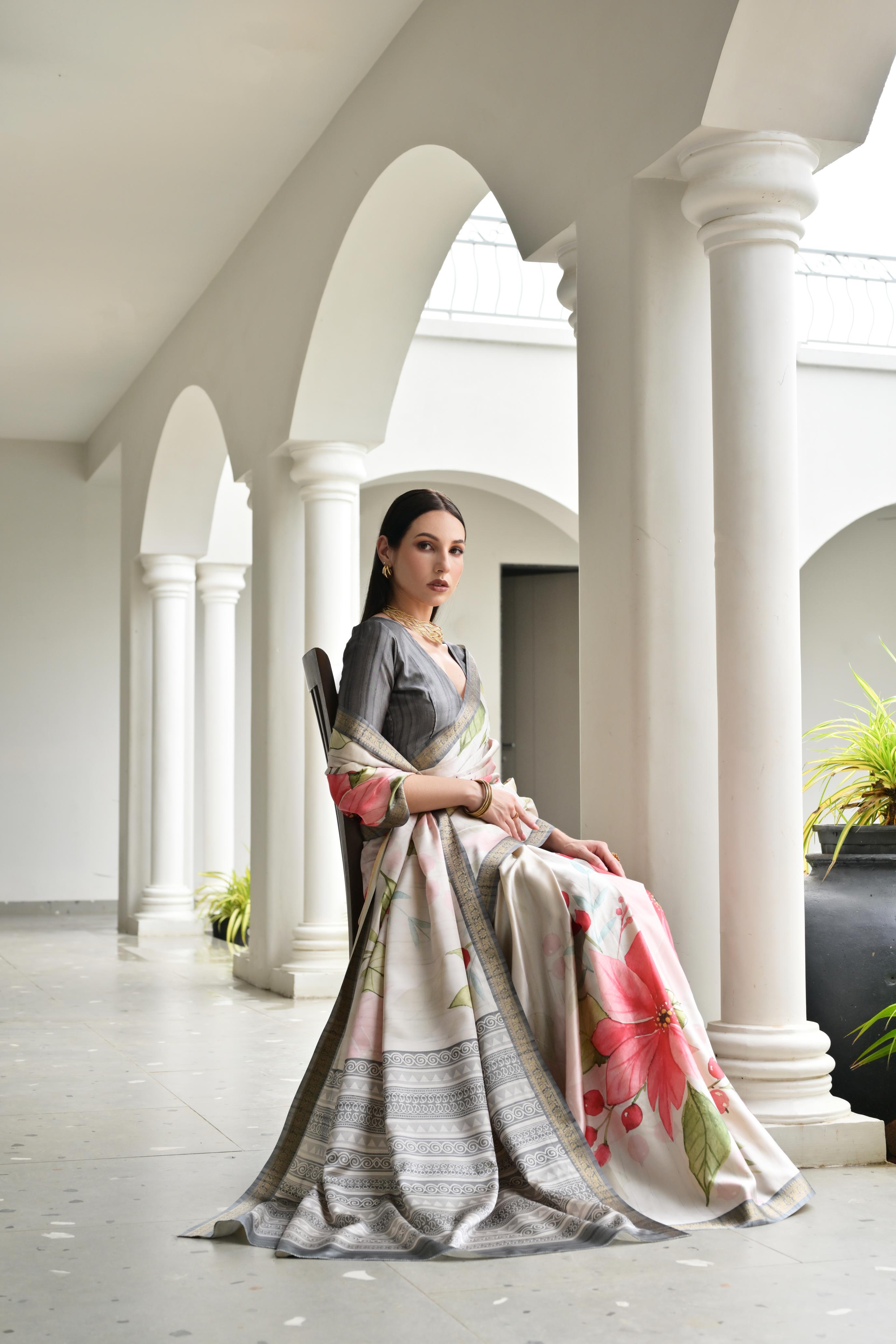 Beige Grey Printed Woven Satin Silk Saree