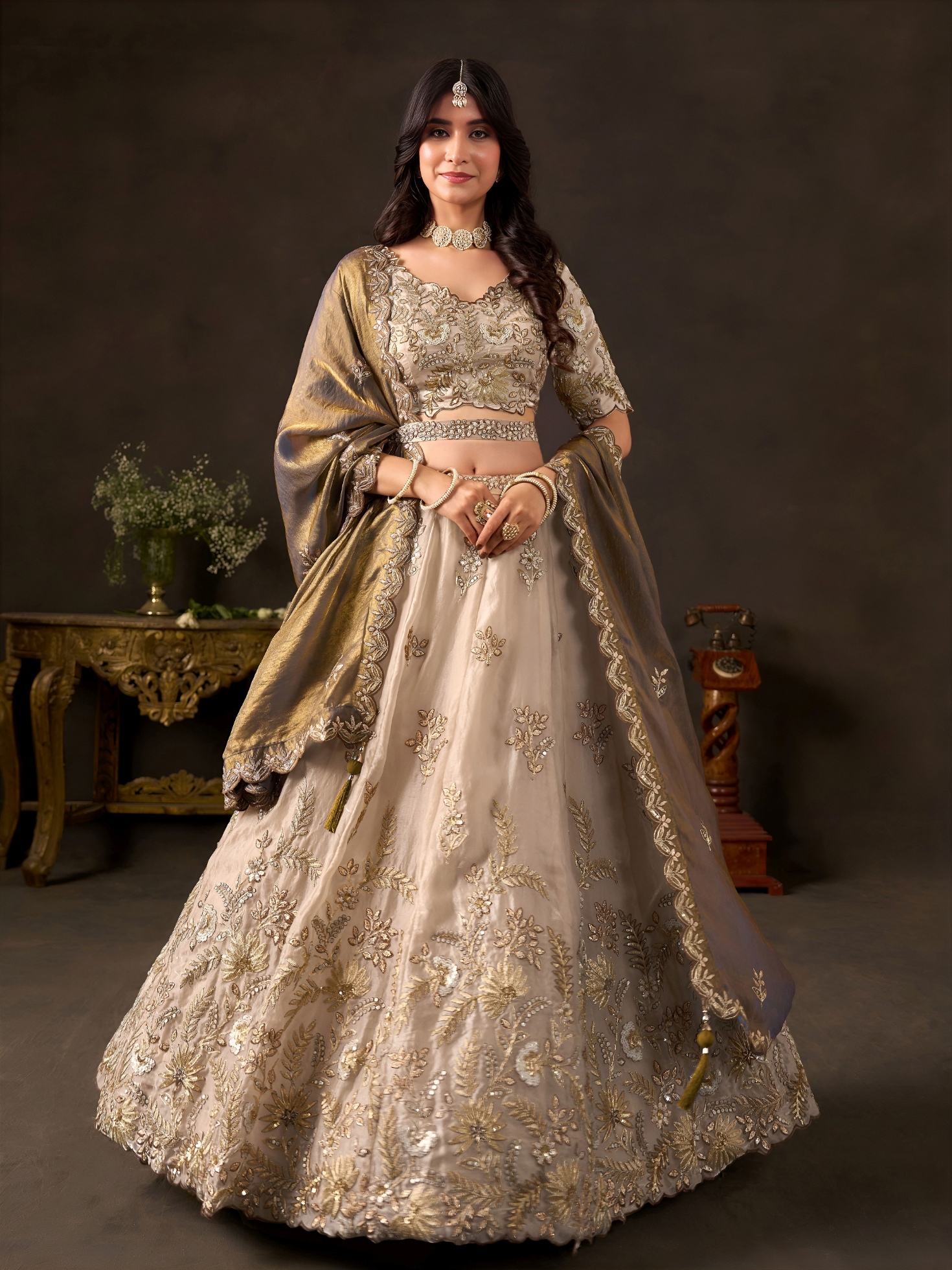 Beige Grey Zari Fendy Bridal Lehenga Choli