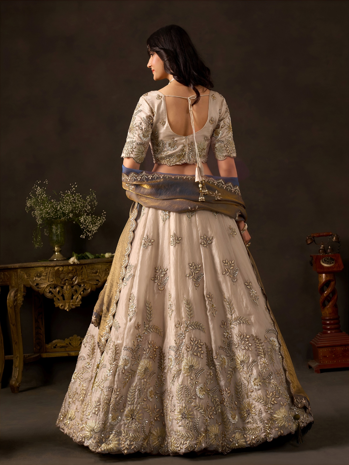 Beige Grey Zari Fendy Bridal Lehenga Choli — alternate view