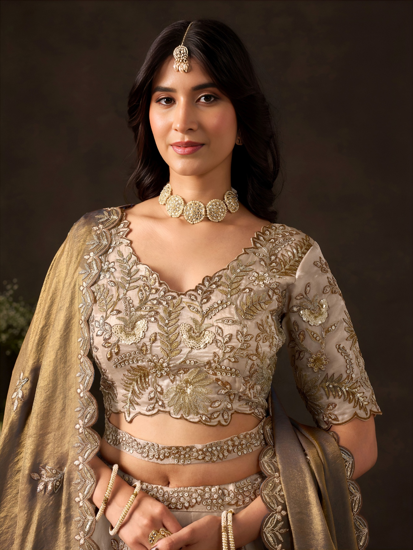 Beige Grey Zari Fendy Bridal Lehenga Choli