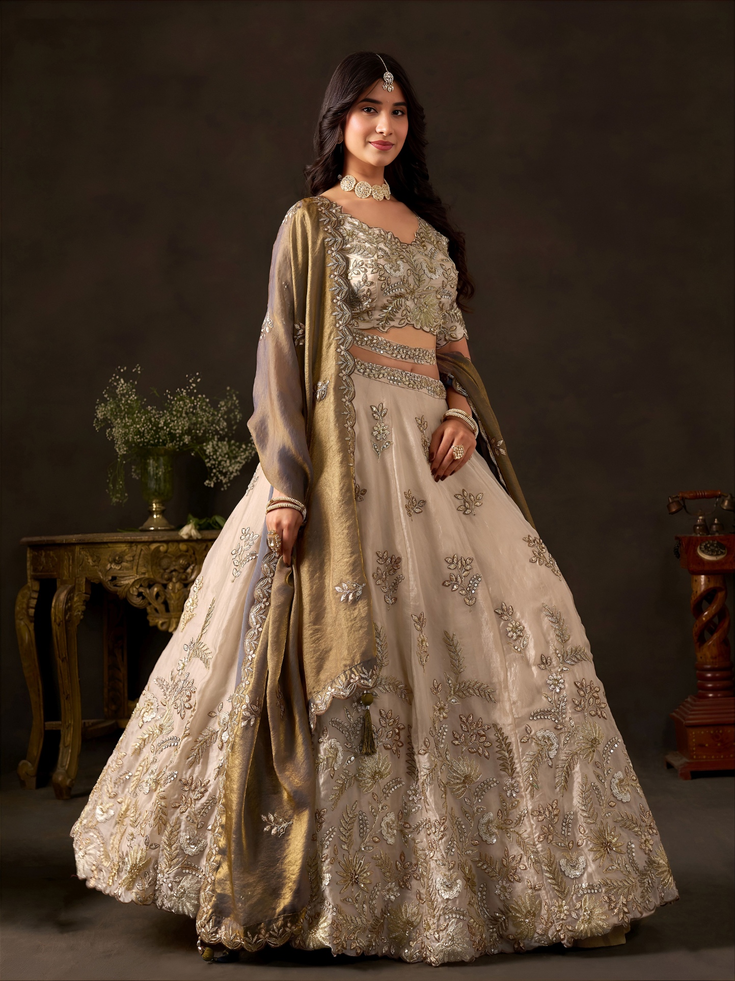 Beige Grey Zari Fendy Bridal Lehenga Choli