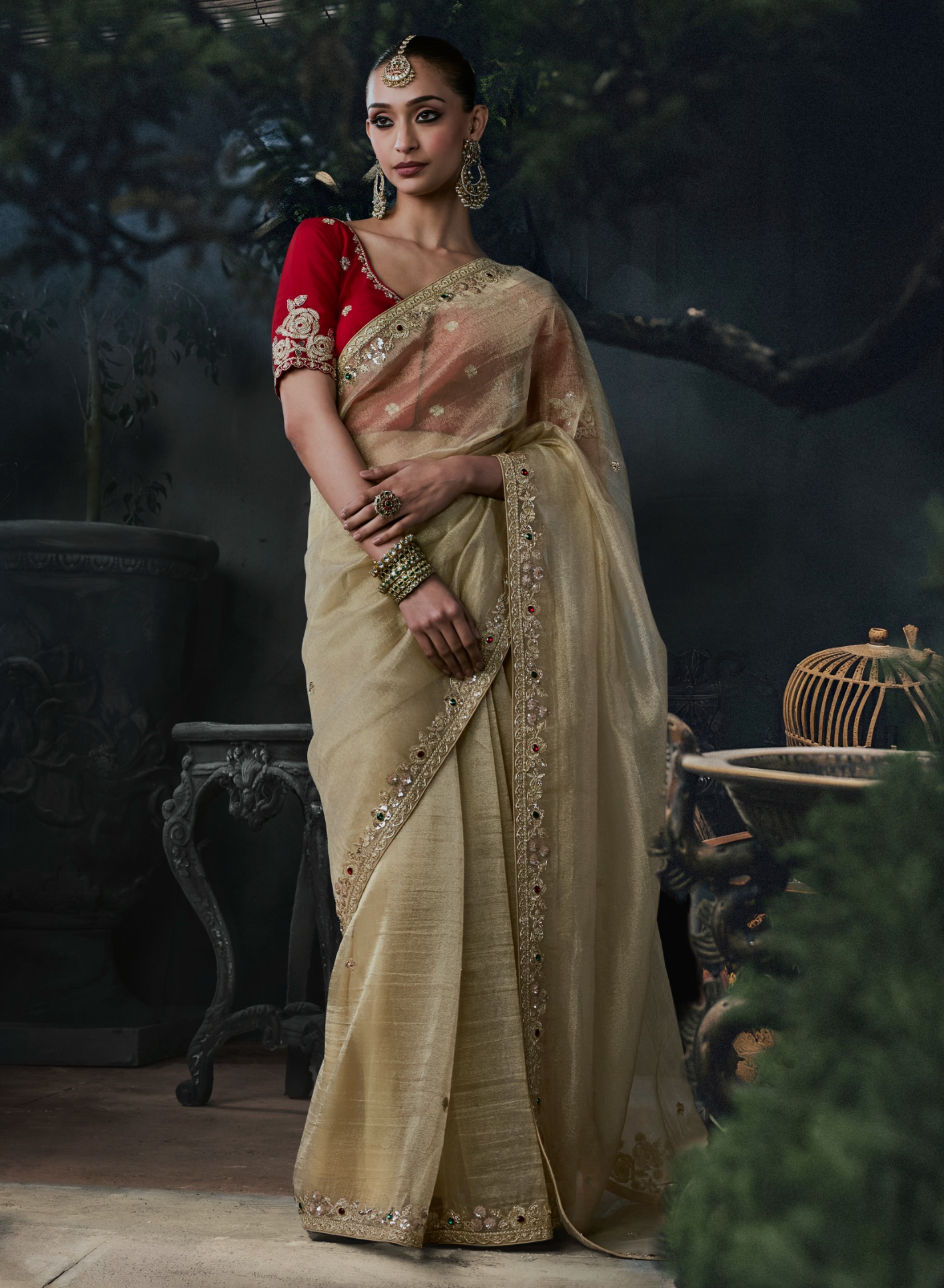 Beige Heavy Thread Embroidery Tissue Silk Saree