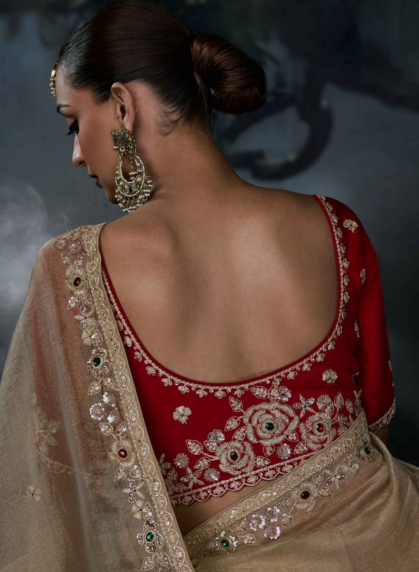 Beige Heavy Thread Embroidery Tissue Silk Saree — alternate view