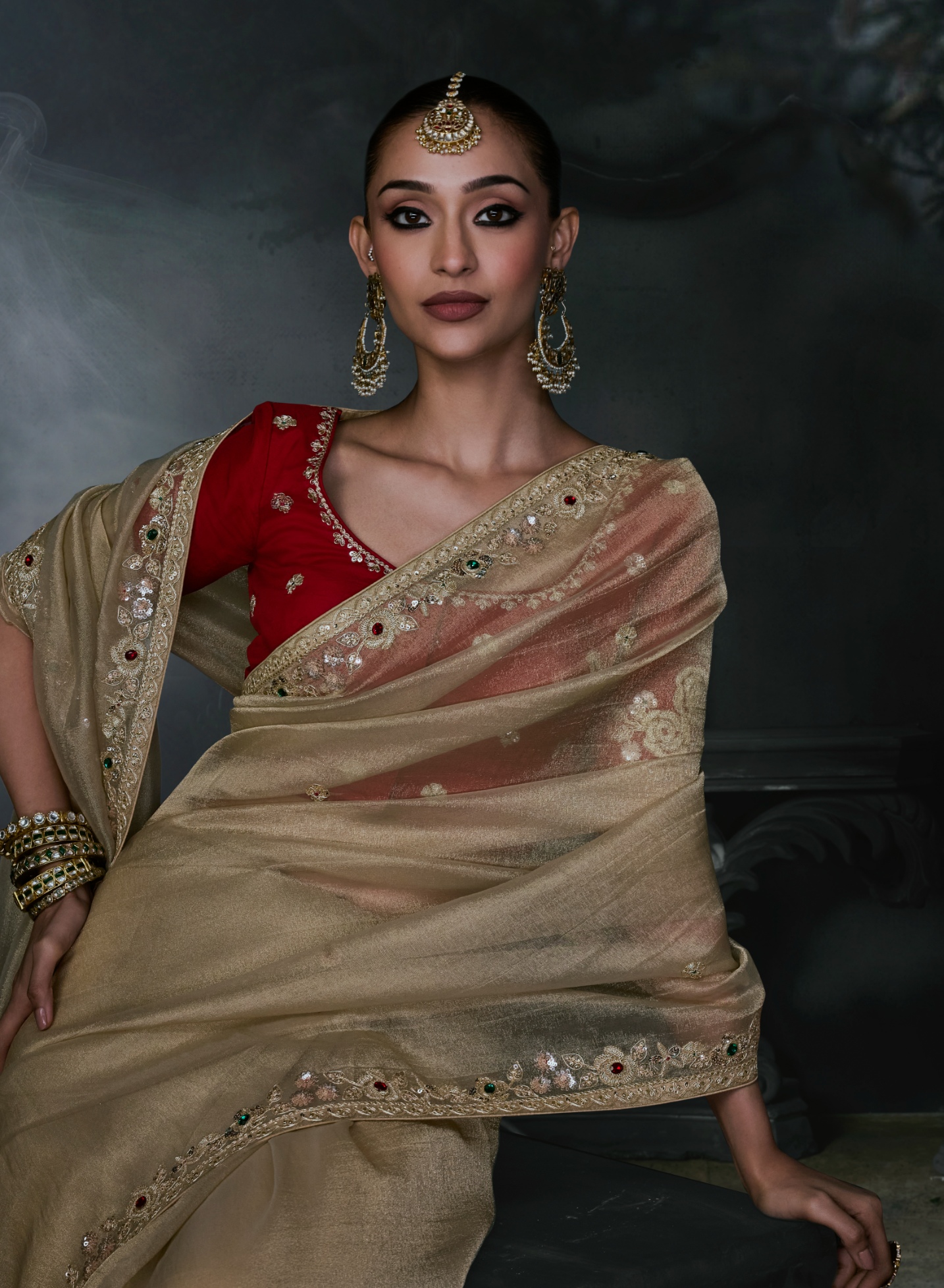 Beige Heavy Thread Embroidery Tissue Silk Saree