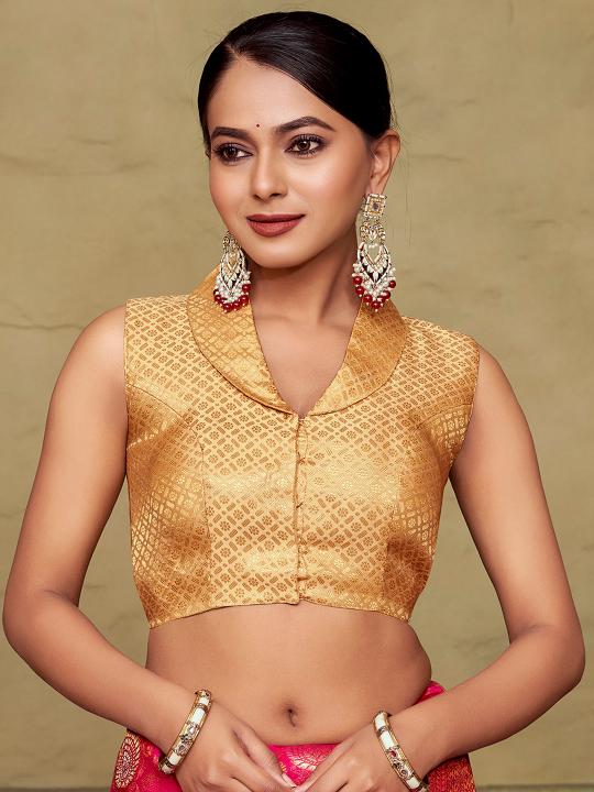 Beige Jacquard Banarasi Silk Shirt Collar Saree Blouse