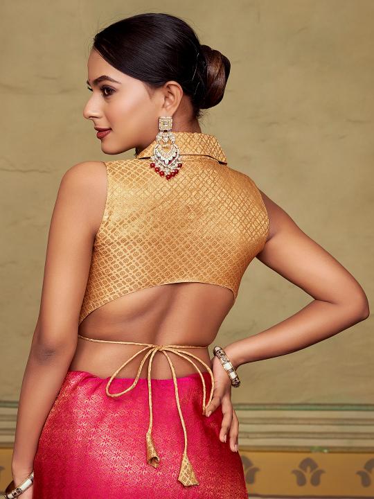 Beige Jacquard Banarasi Silk Shirt Collar Saree Blouse — alternate view