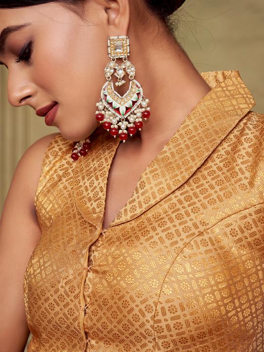 Beige Jacquard Banarasi Silk Shirt Collar Saree Blouse