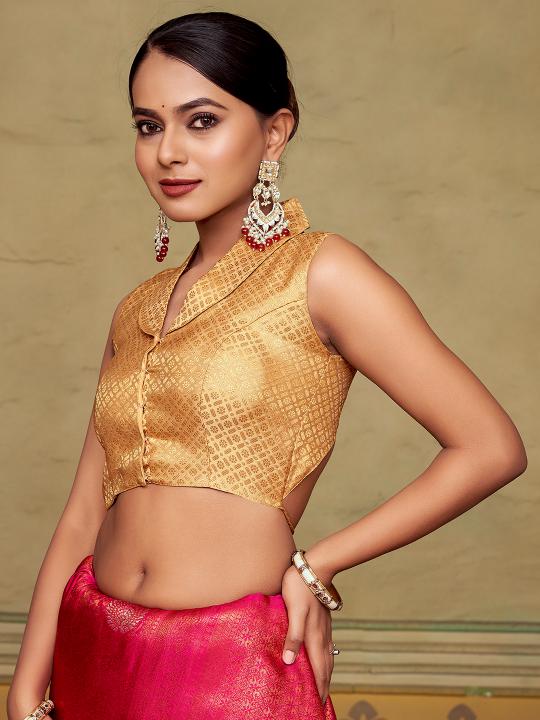 Beige Jacquard Banarasi Silk Shirt Collar Saree Blouse