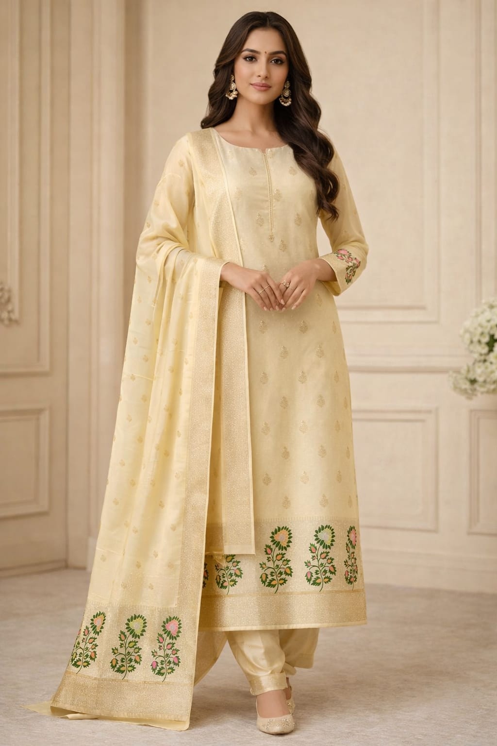 Beige Jacquard Designer Lichi Silk Salwar Suit