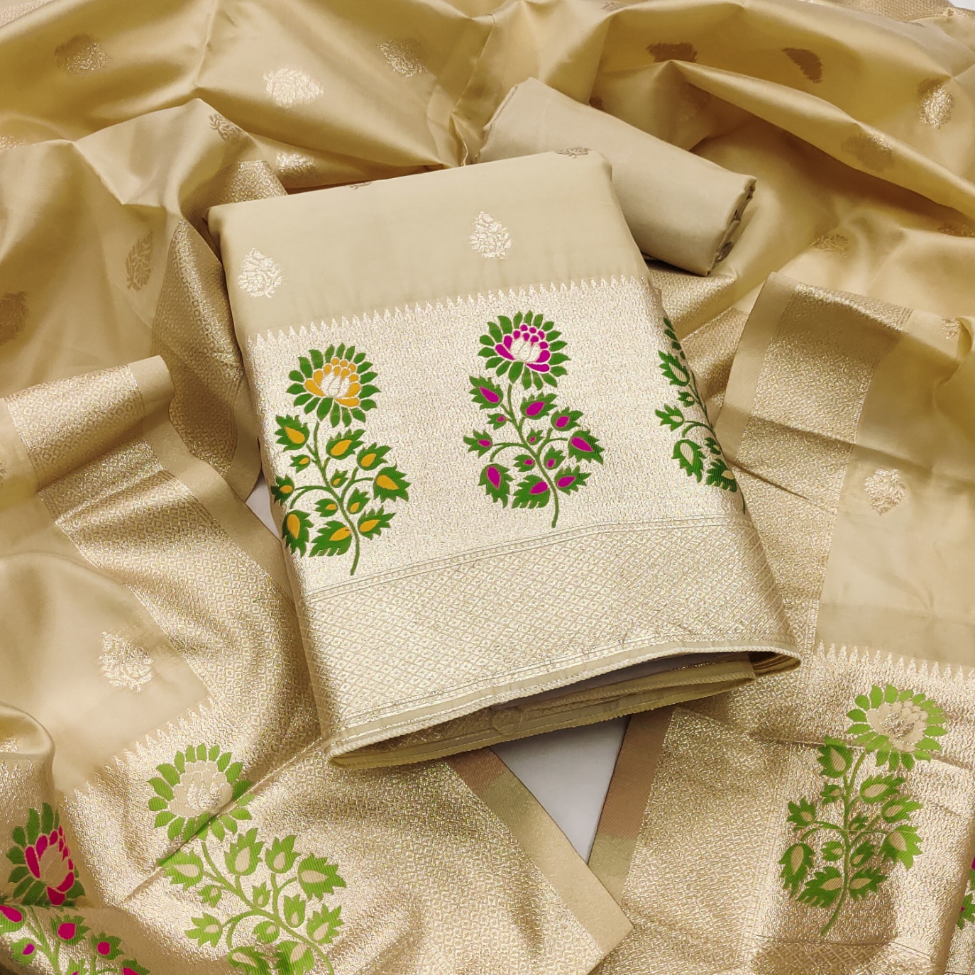 Beige Jacquard Designer Lichi Silk Salwar Suit — alternate view