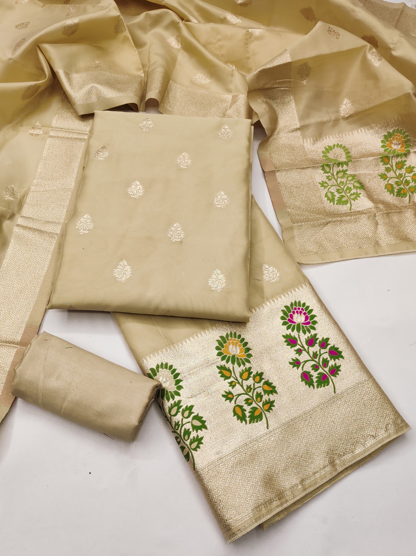 Beige Jacquard Designer Lichi Silk Salwar Suit