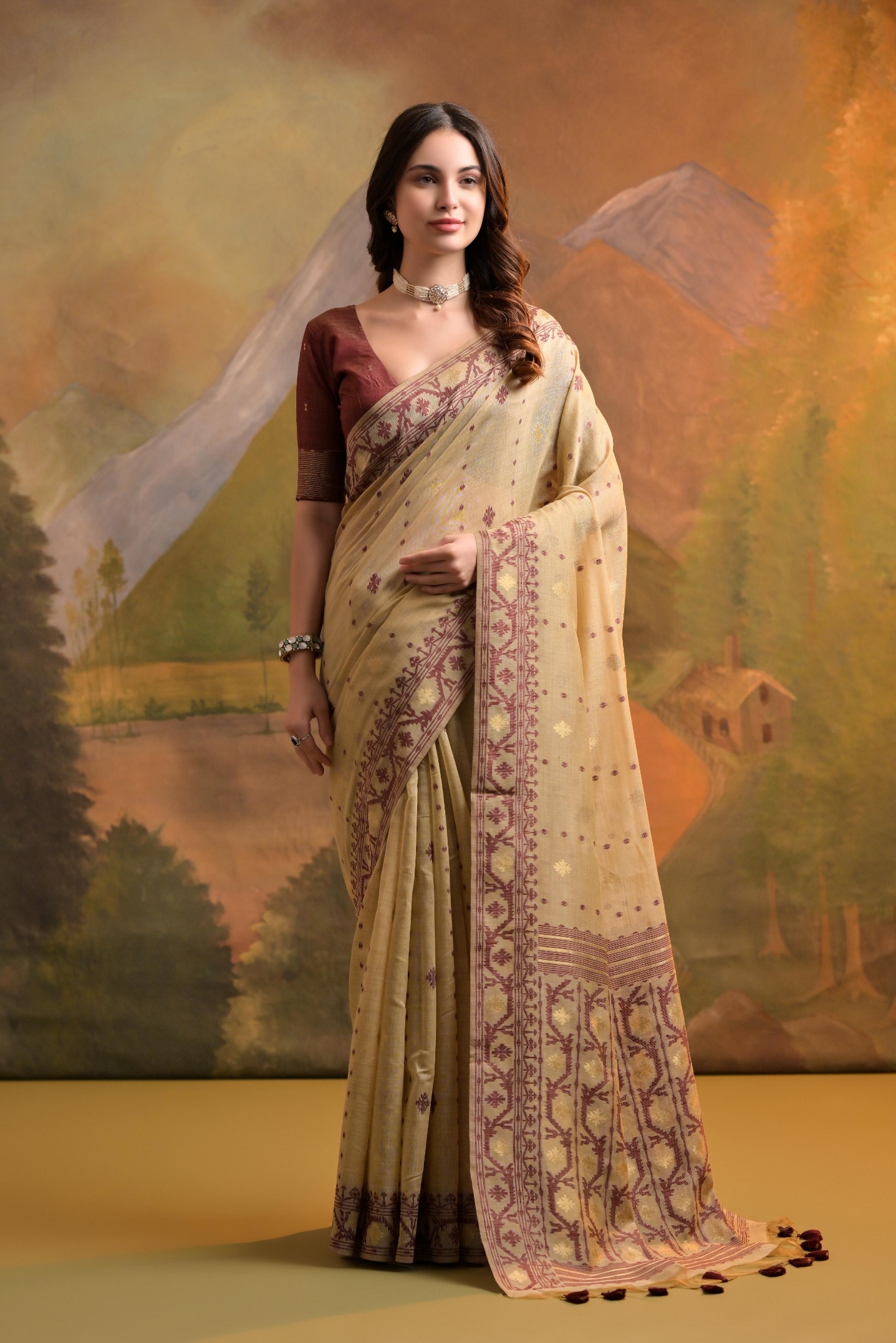 Beige Jamdani Muga Cotton Saree