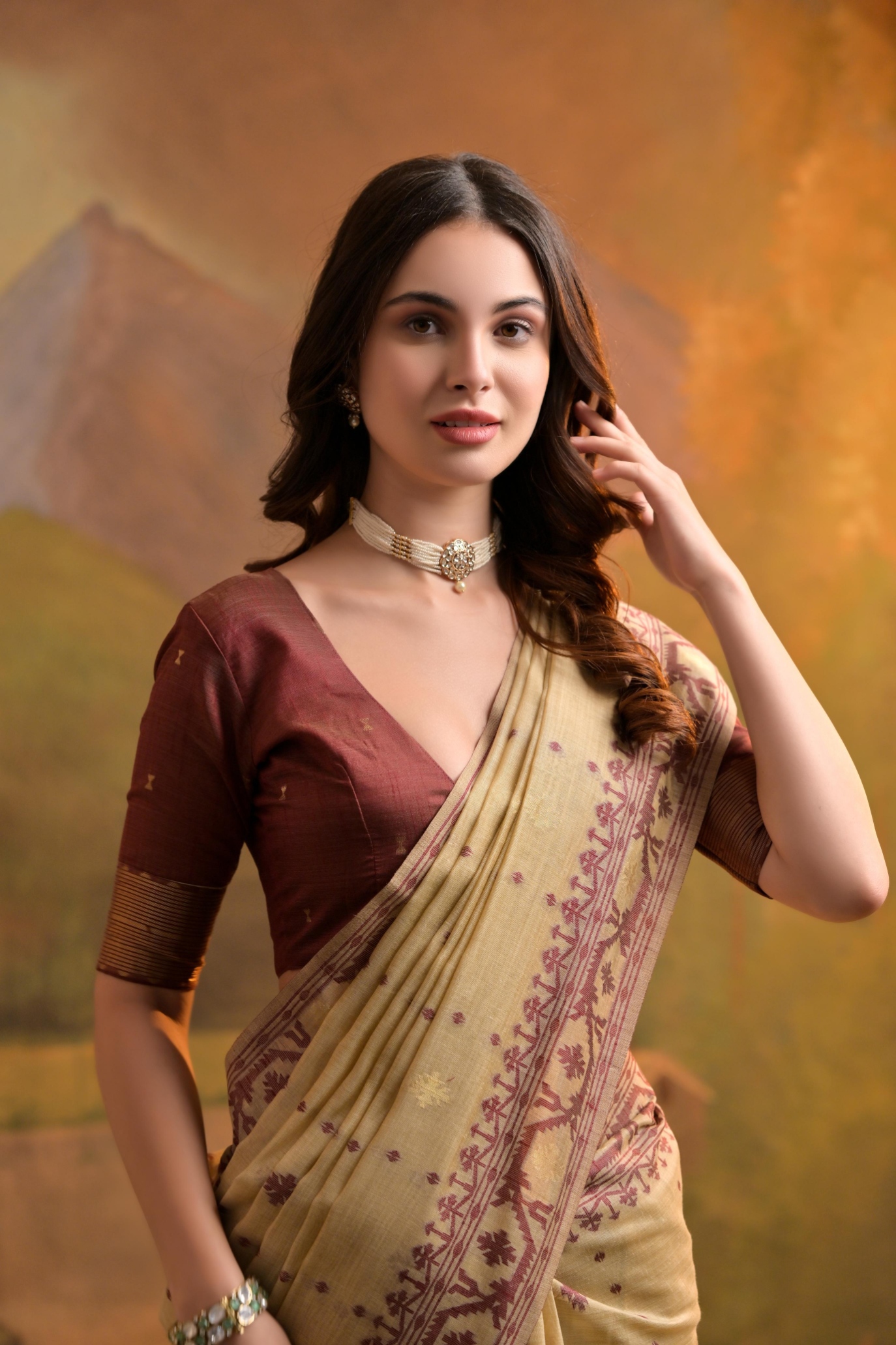 Beige Jamdani Muga Cotton Saree — alternate view