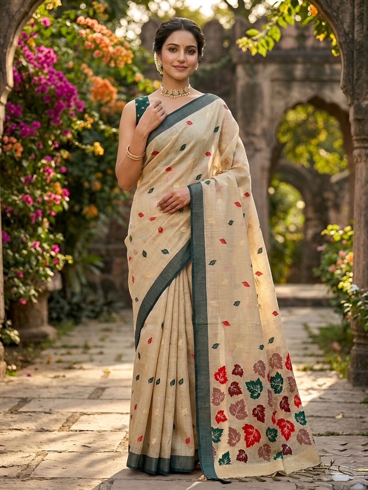 Beige Leaf Motif Woven Linen Saree