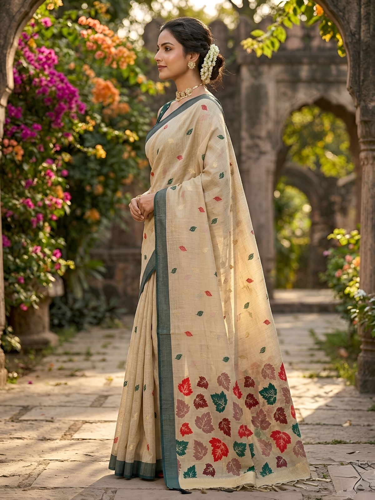 Beige Leaf Motif Woven Linen Saree — alternate view