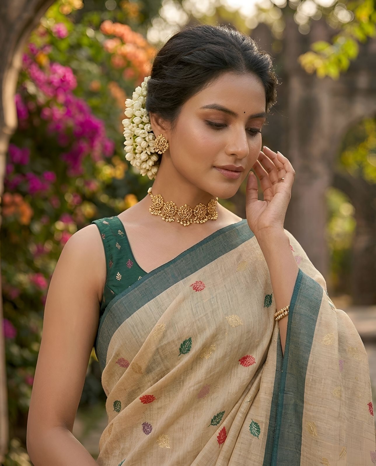 Beige Leaf Motif Woven Linen Saree