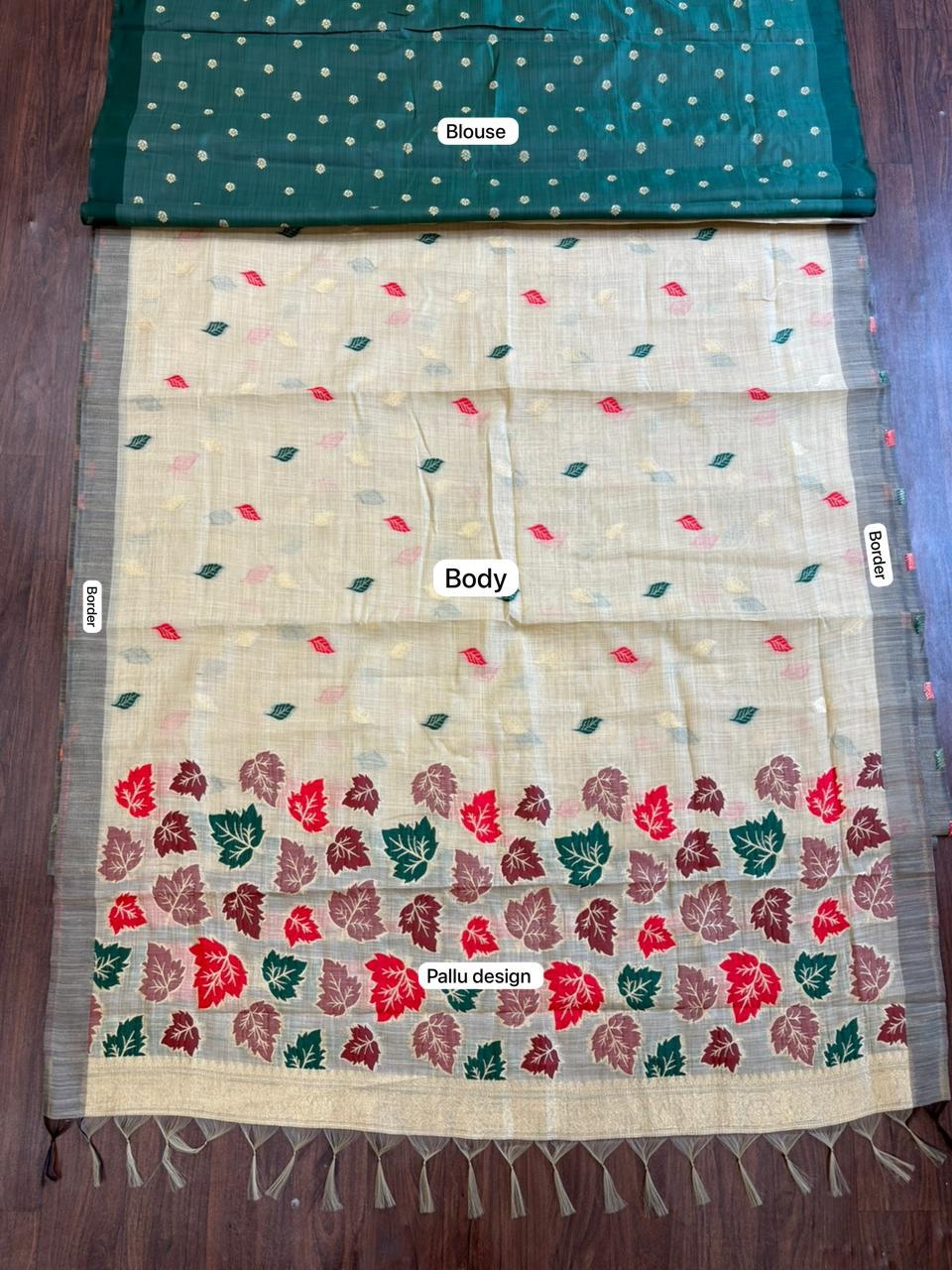 Beige Leaf Motif Woven Linen Saree