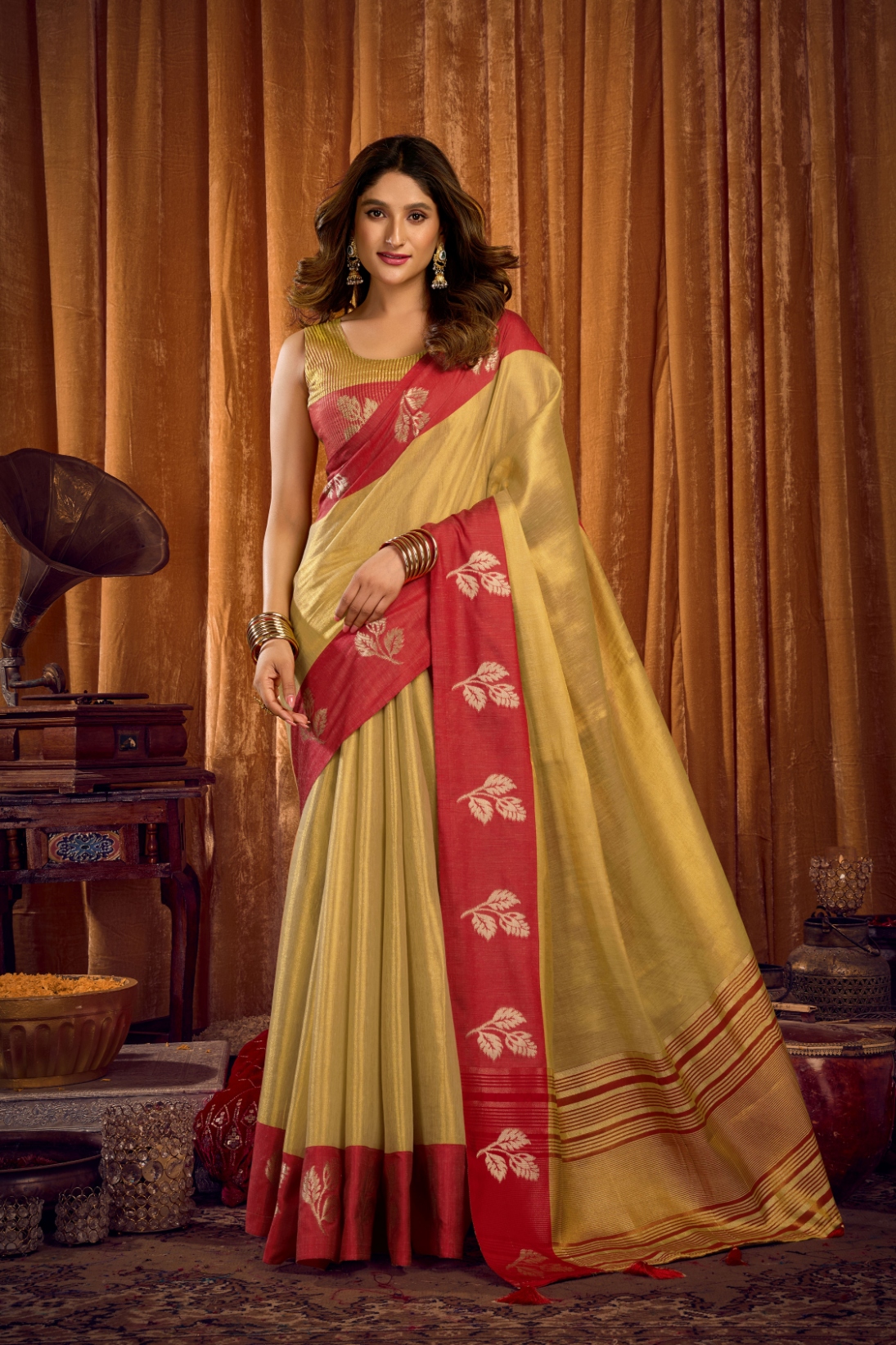 Beige Leaf Motif Woven Soft Tissue Saree
