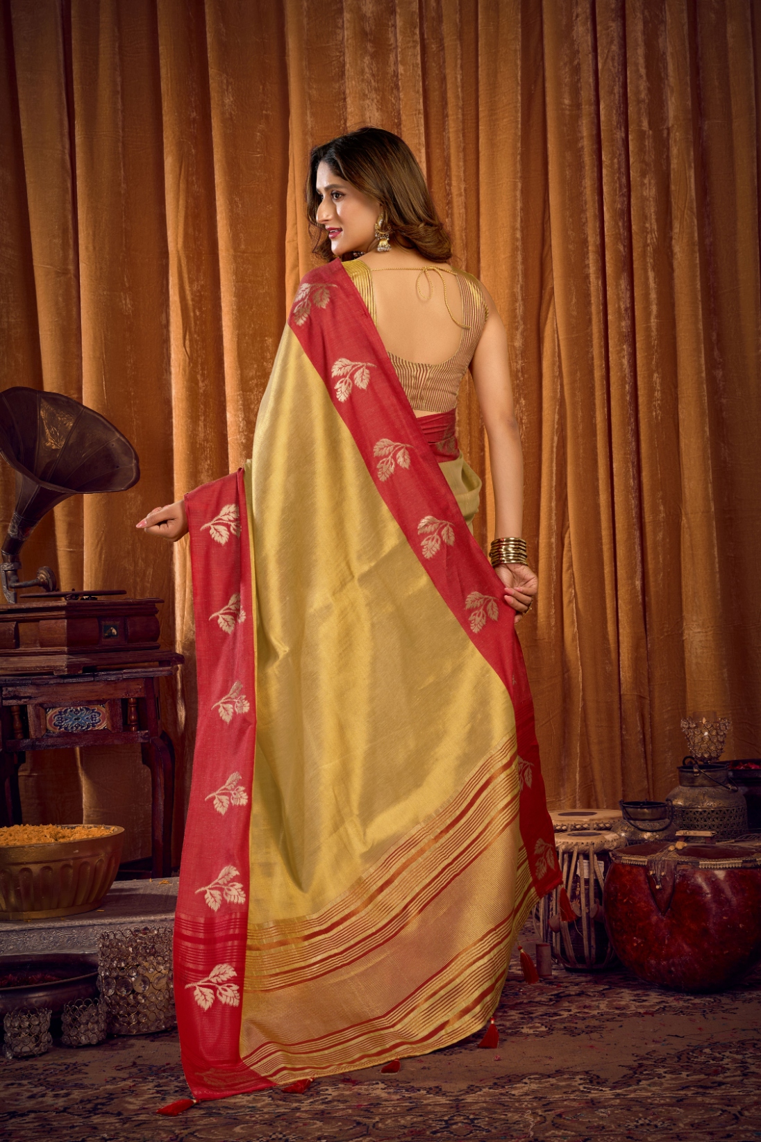Beige Leaf Motif Woven Soft Tissue Saree — alternate view