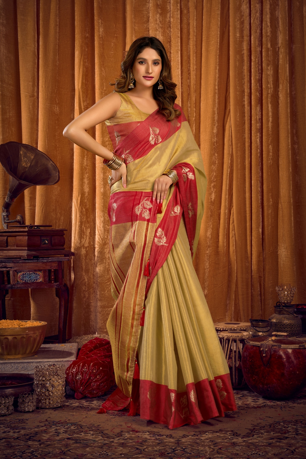 Beige Leaf Motif Woven Soft Tissue Saree