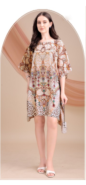 Beige Leopard Jewel Feather Silk Kaftan