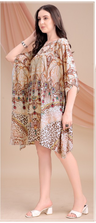 Beige Leopard Jewel Feather Silk Kaftan
