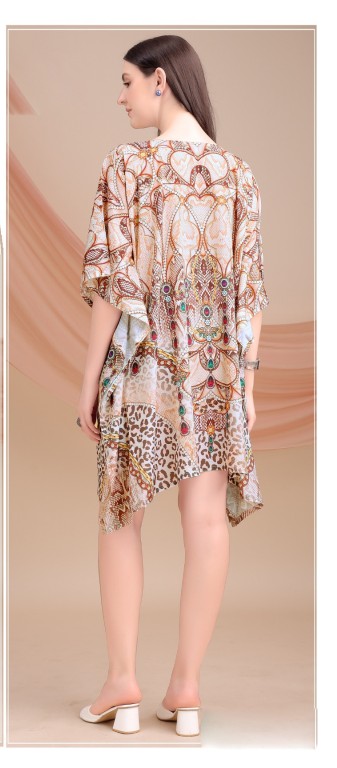 Beige Leopard Jewel Feather Silk Kaftan