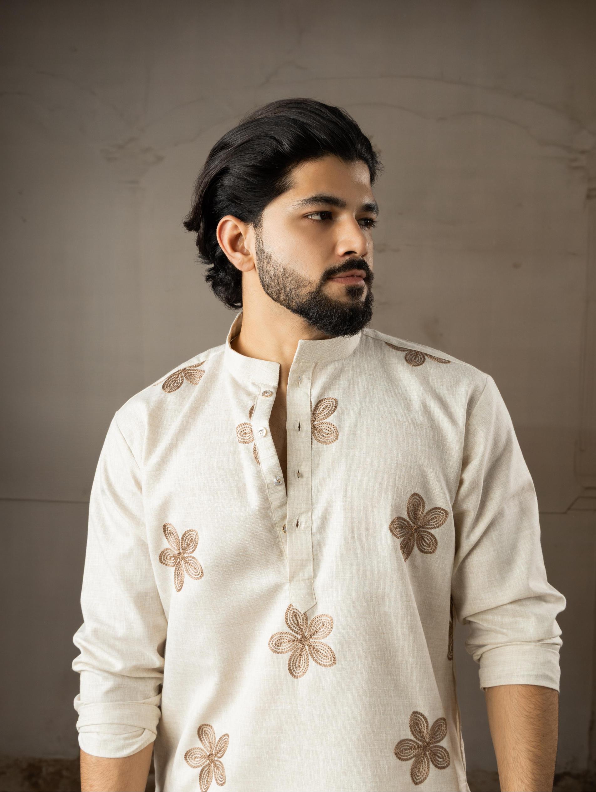 Beige Linen Embroidered Kurta Pyjama