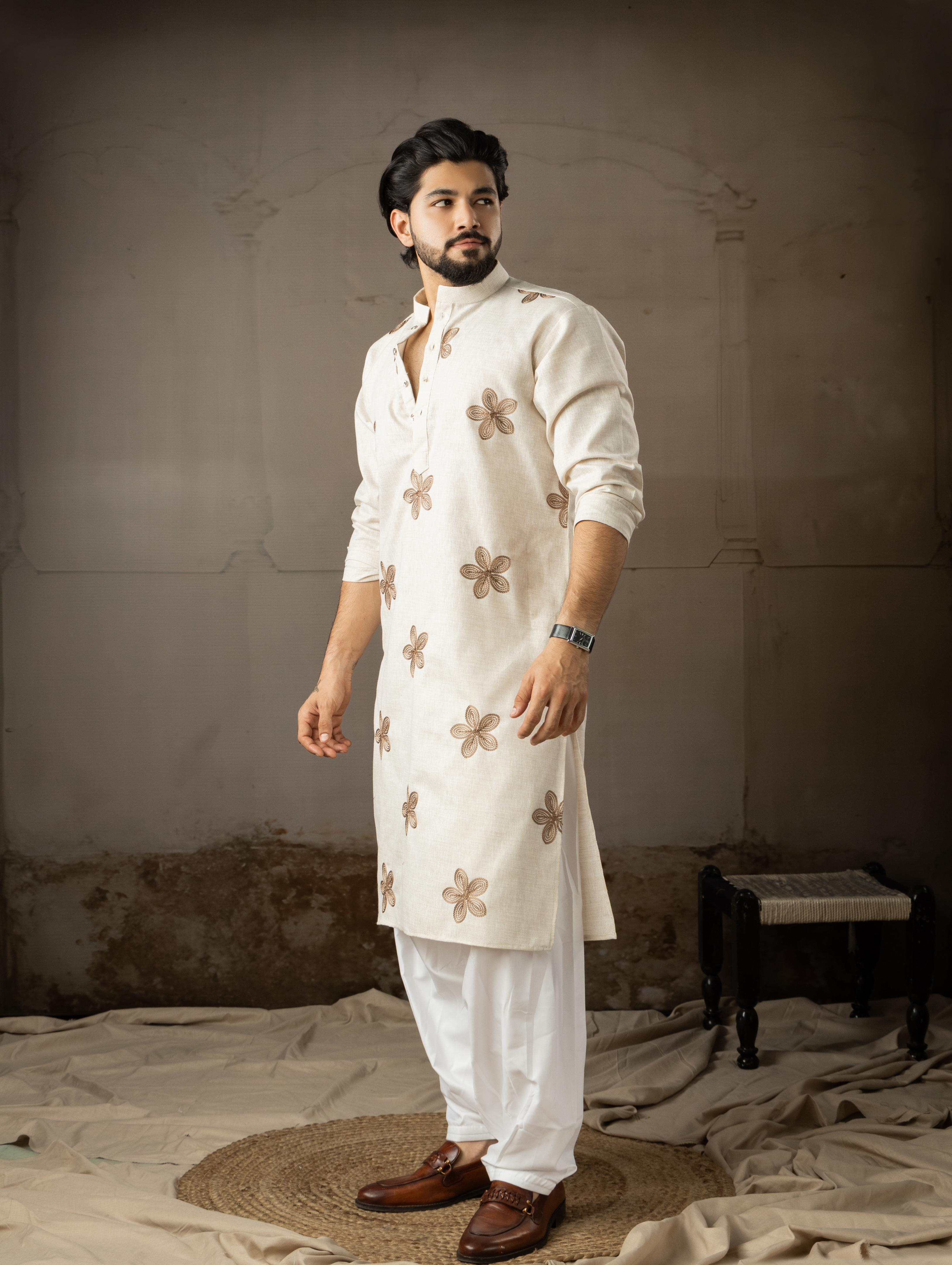 Beige Linen Embroidered Kurta Pyjama