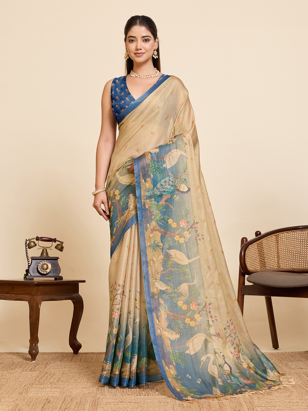Beige Linen Woven Printed Fluid Saree