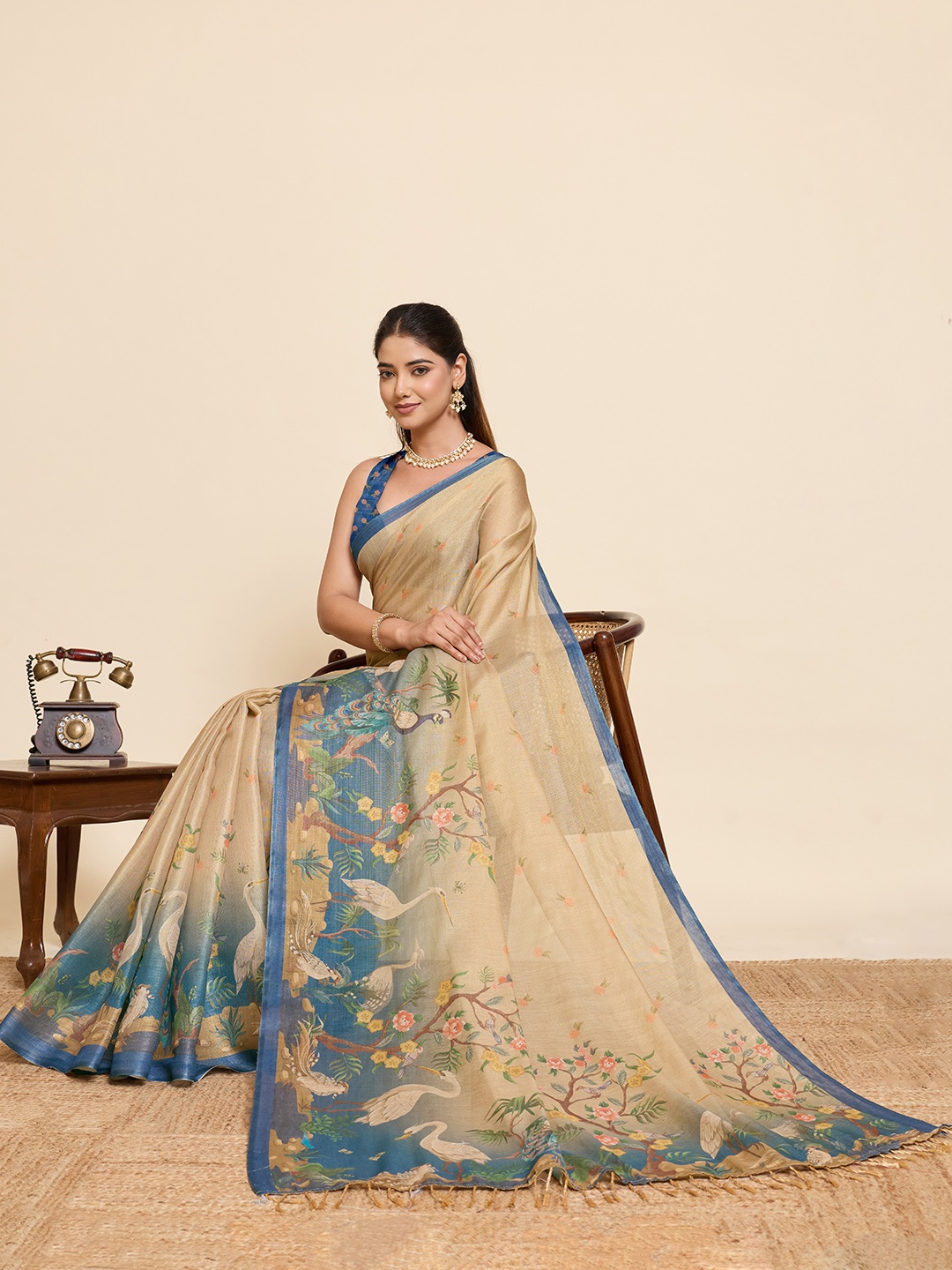 Beige Linen Woven Printed Fluid Saree