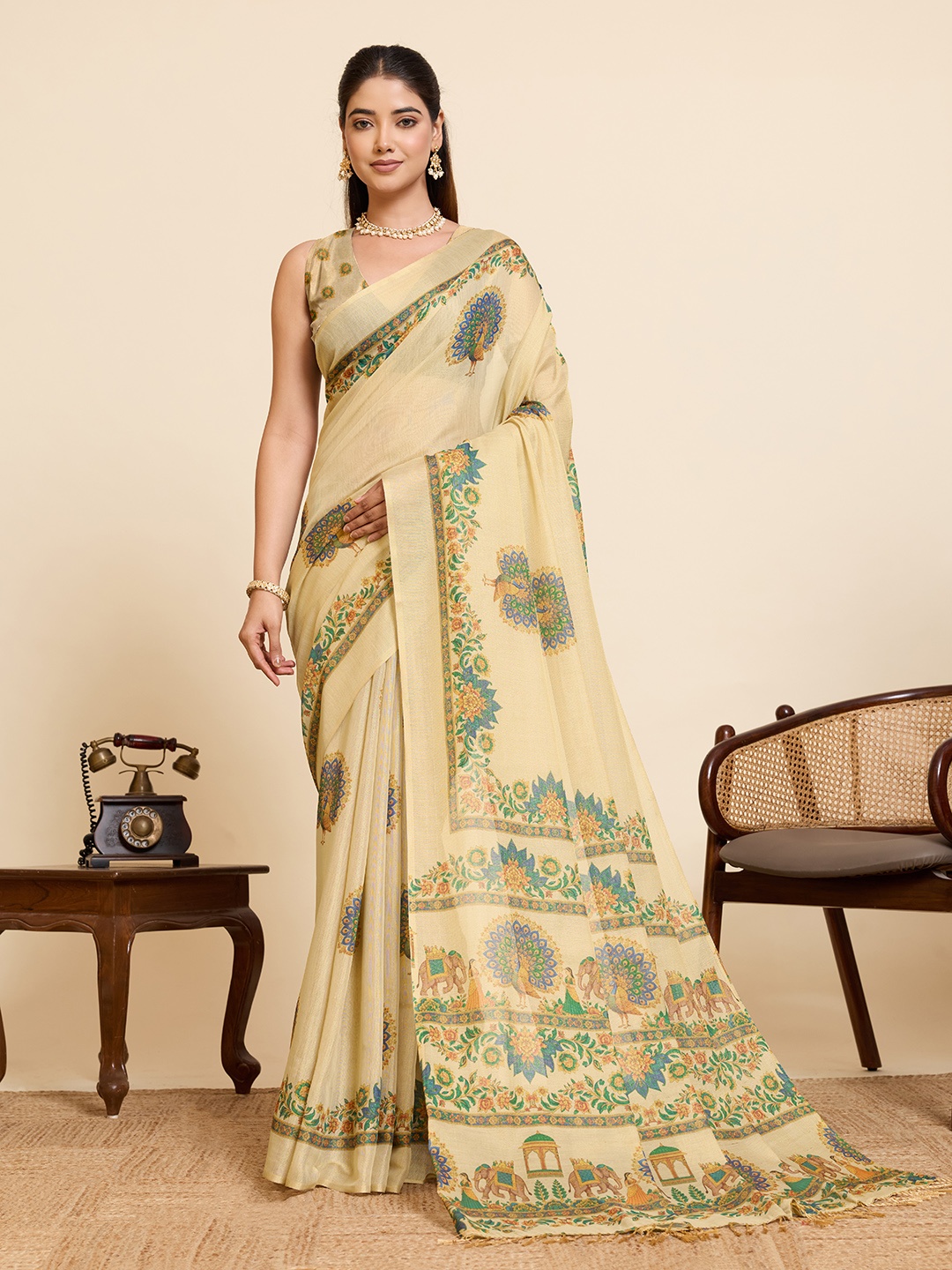 Beige Linen Woven Printed Traditional Saree