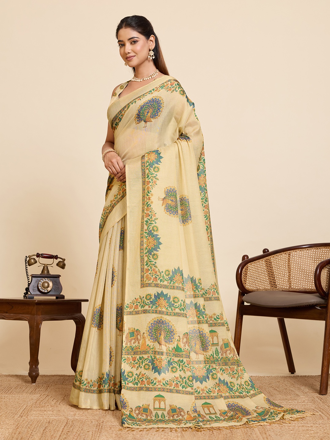 Beige Linen Woven Printed Traditional Saree