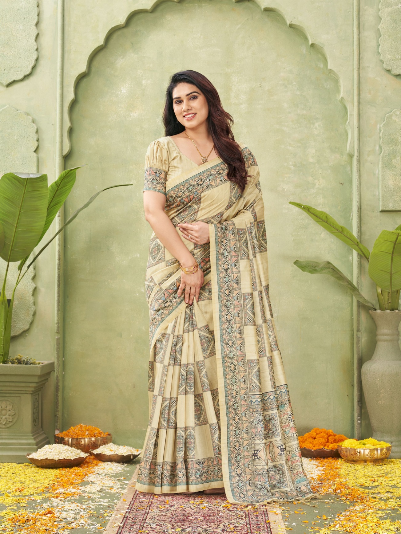 Beige Madhubani Printed Tussar Silk Saree