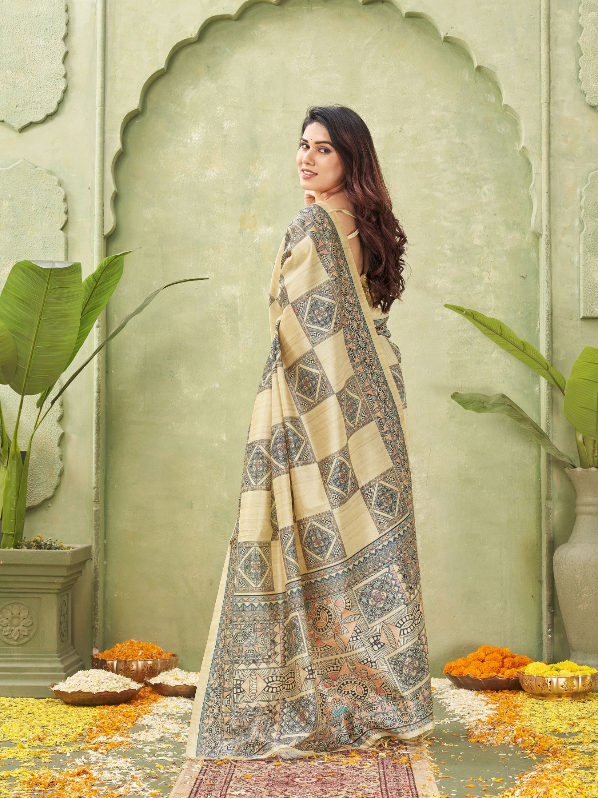 Beige Madhubani Printed Tussar Silk Saree — alternate view