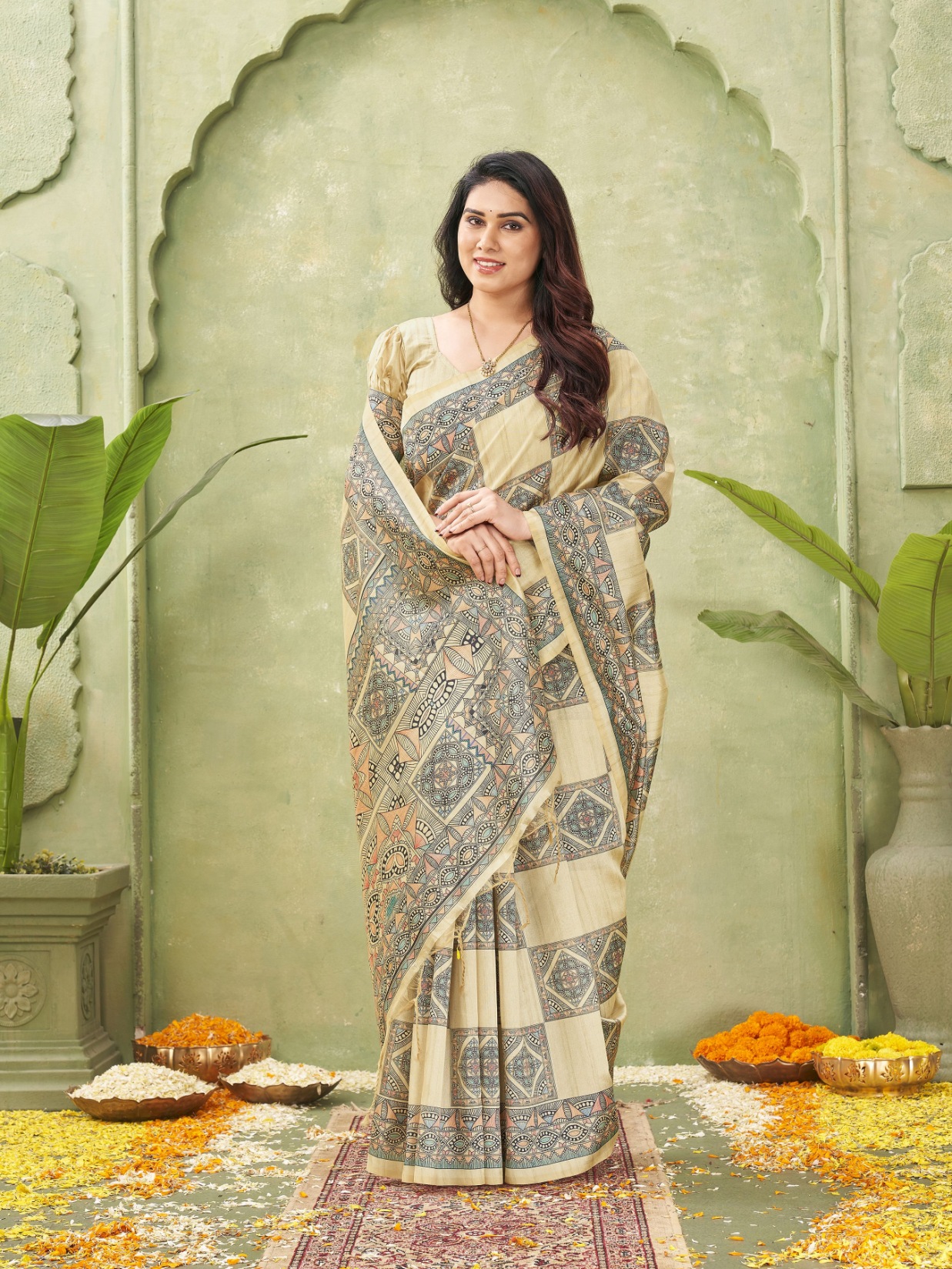 Beige Madhubani Printed Tussar Silk Saree