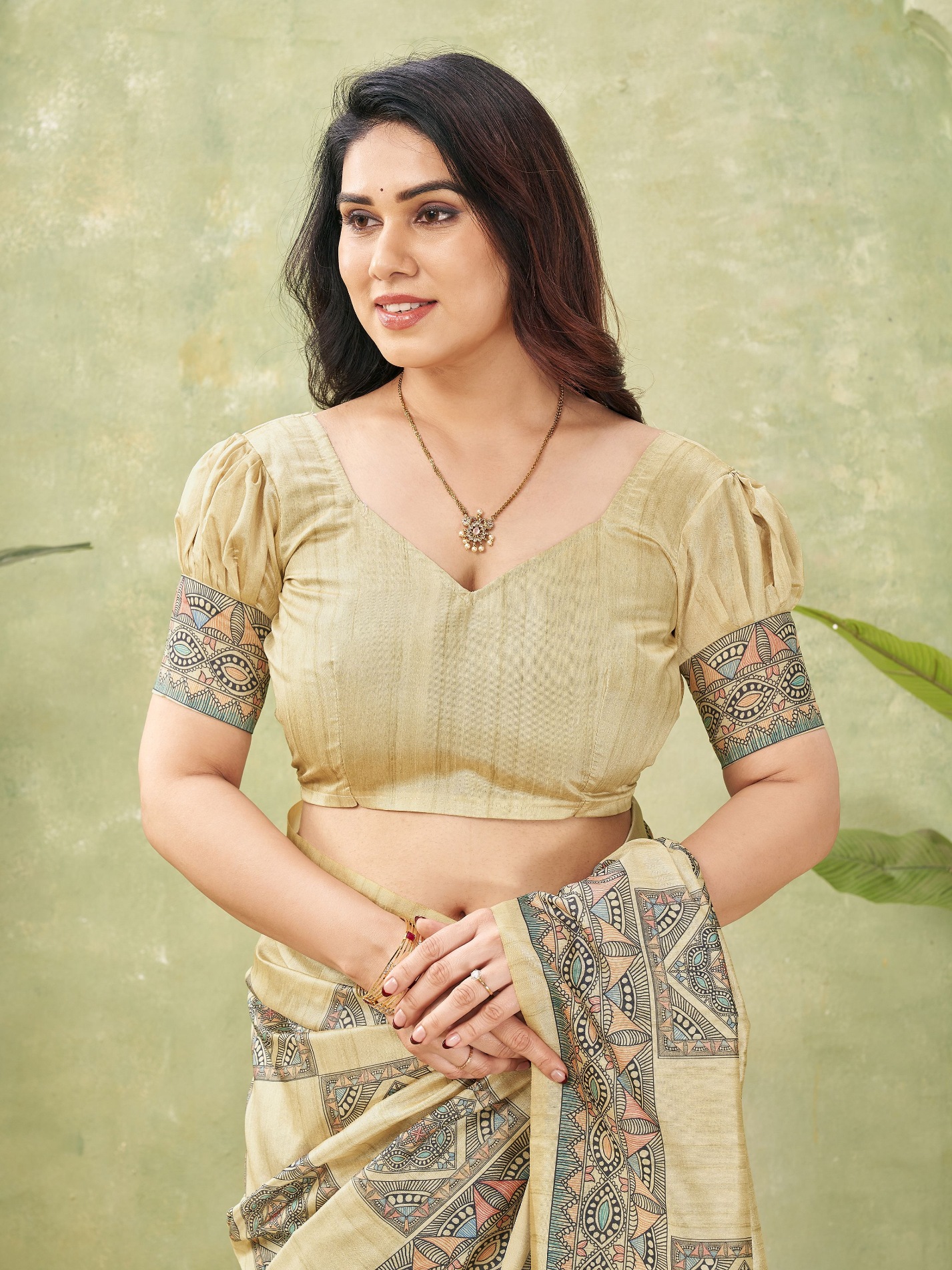 Beige Madhubani Printed Tussar Silk Saree