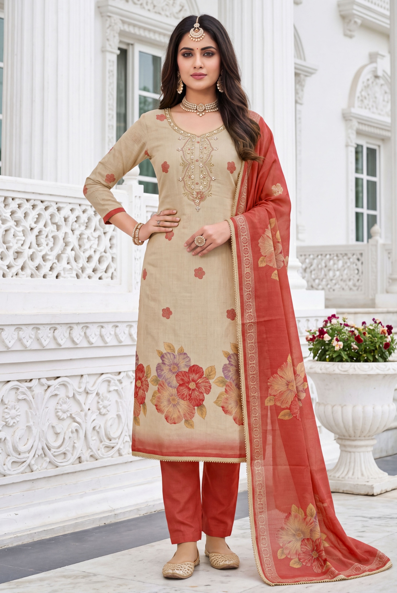 Beige Maroon Floral Shimmer Cotton Linen Straight Suit