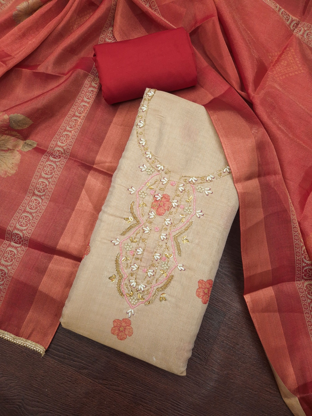 Beige Maroon Floral Shimmer Cotton Linen Straight Suit
