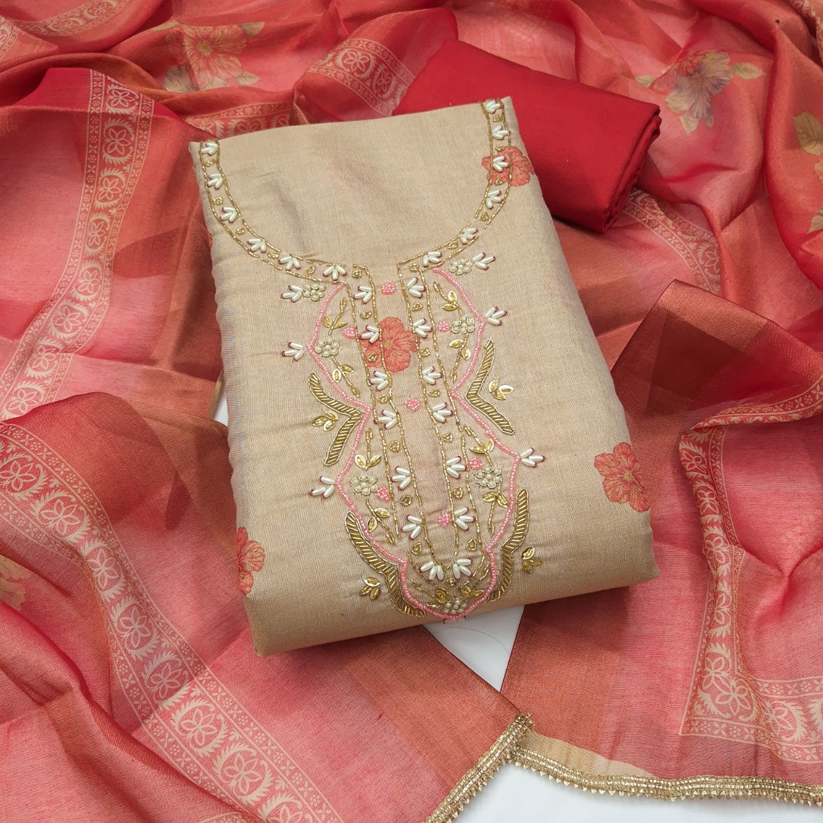 Beige Maroon Floral Shimmer Cotton Linen Straight Suit