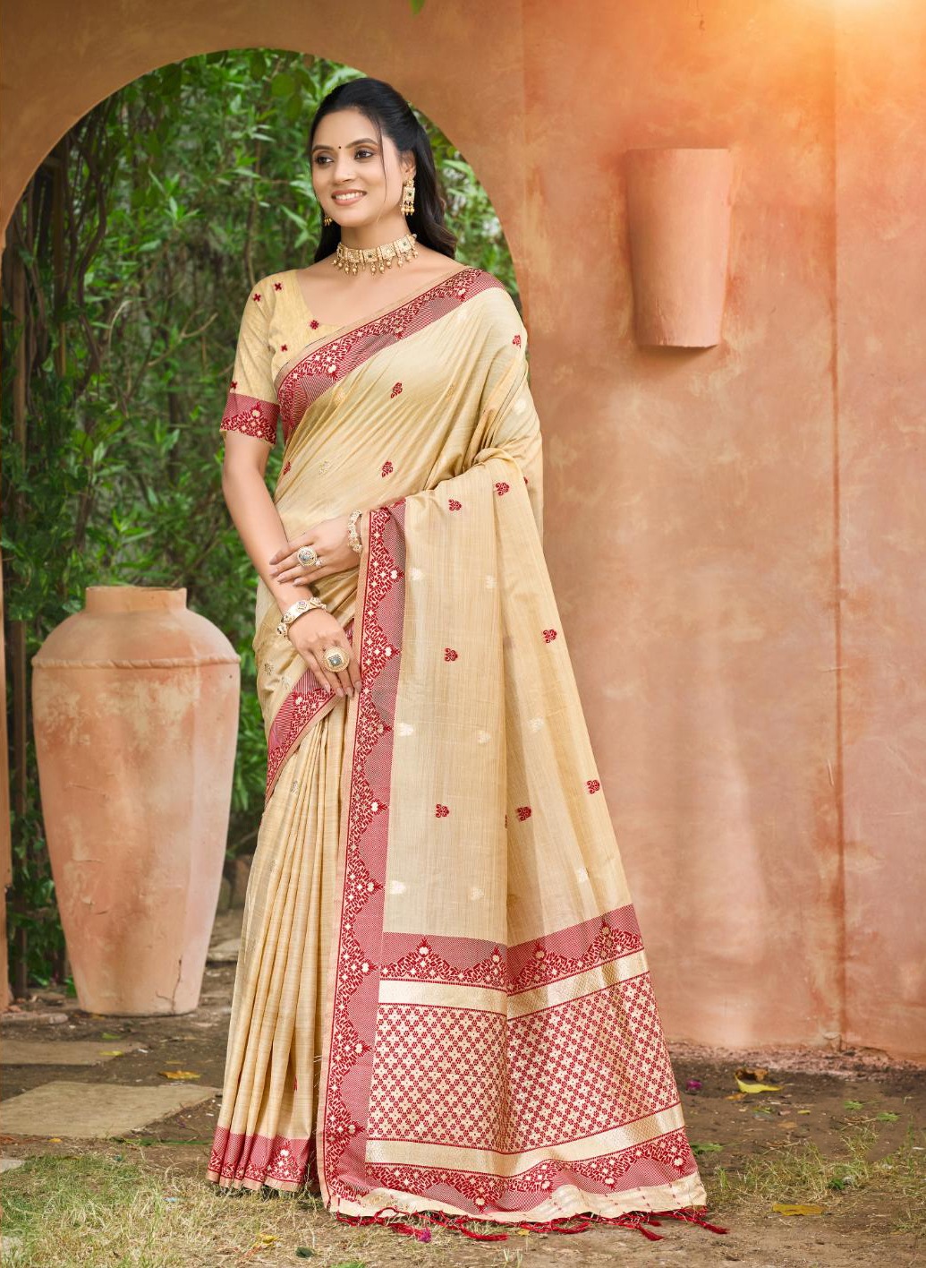 Beige Maroon Woven Assam Silk Saree
