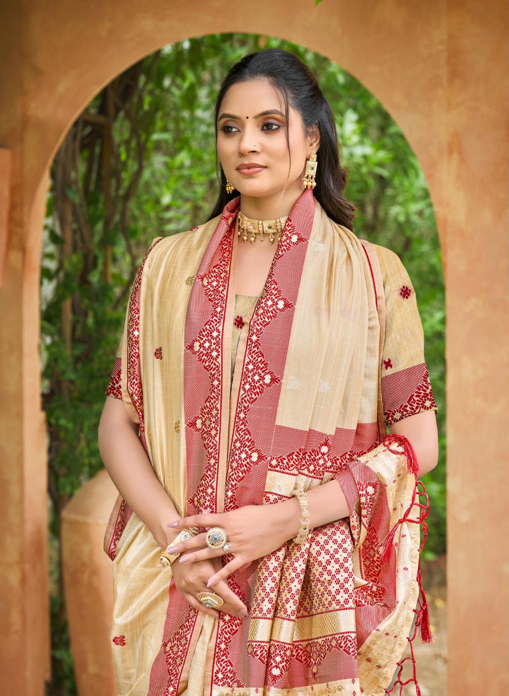 Beige Maroon Woven Assam Silk Saree