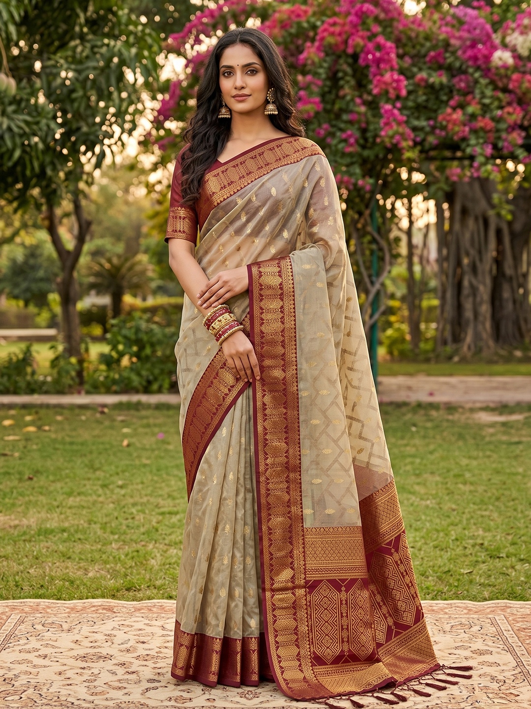 Beige Maroon Woven Cotton Saree
