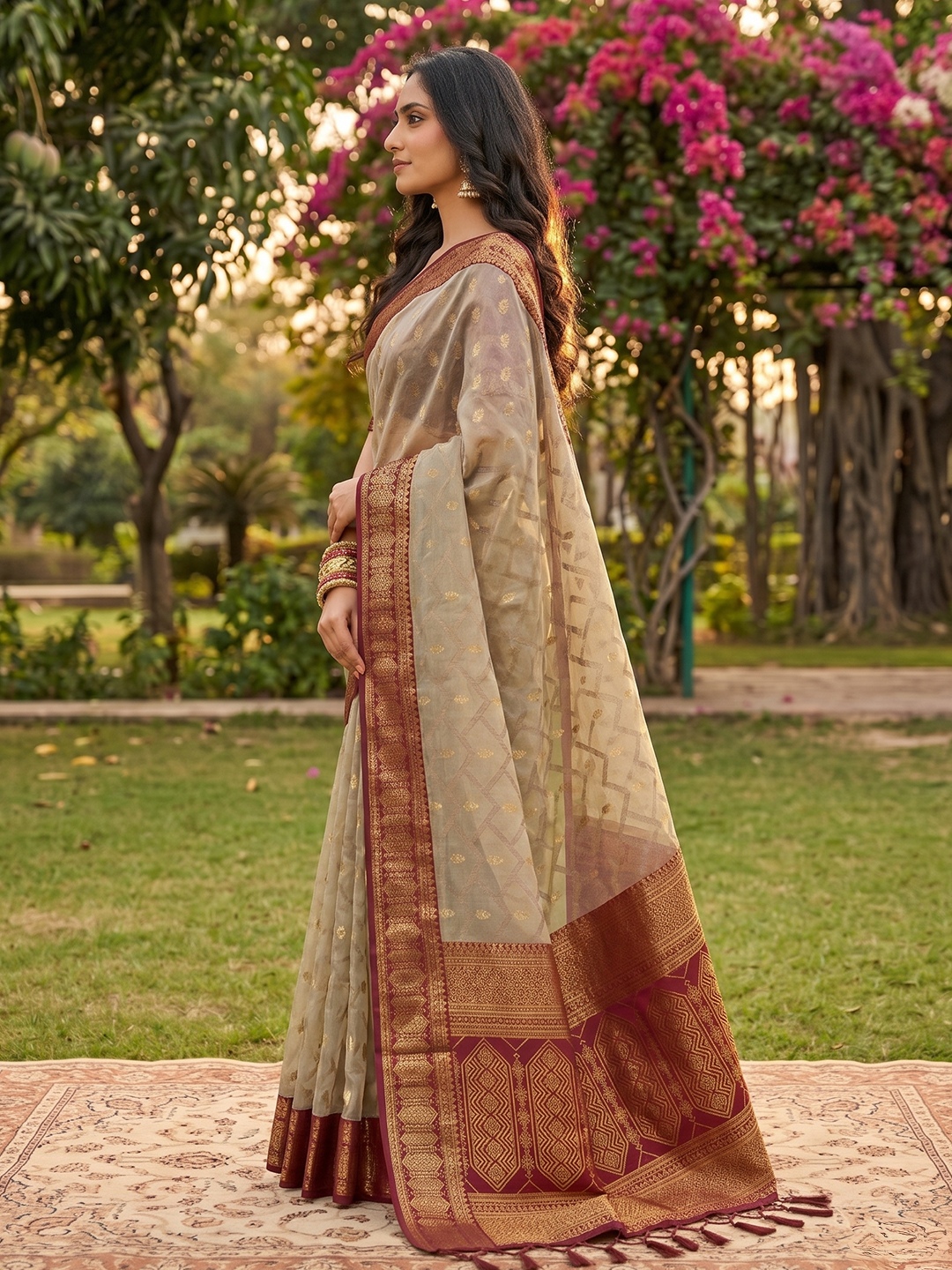 Beige Maroon Woven Cotton Saree