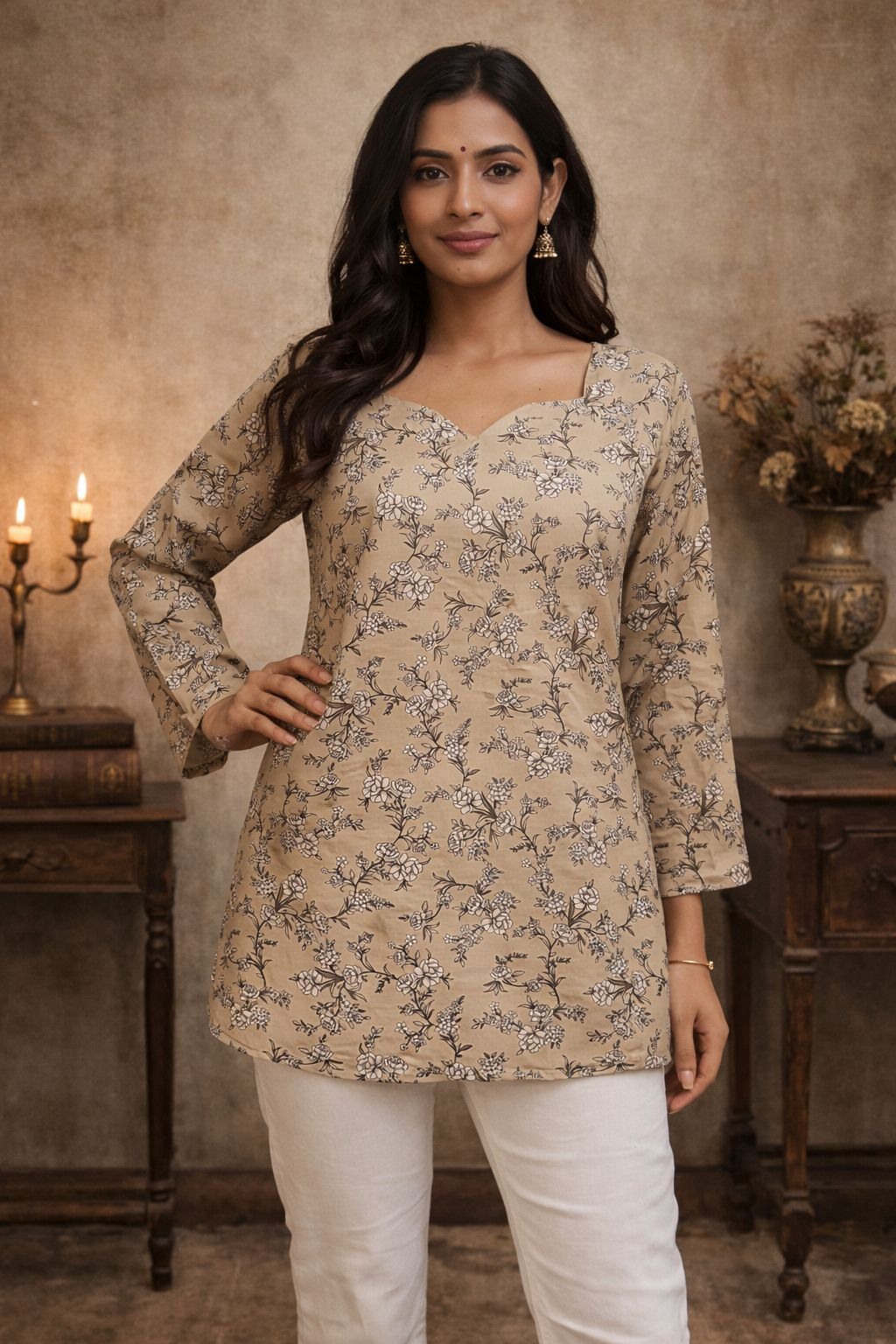Beige Maslin Digital Printed Kurti