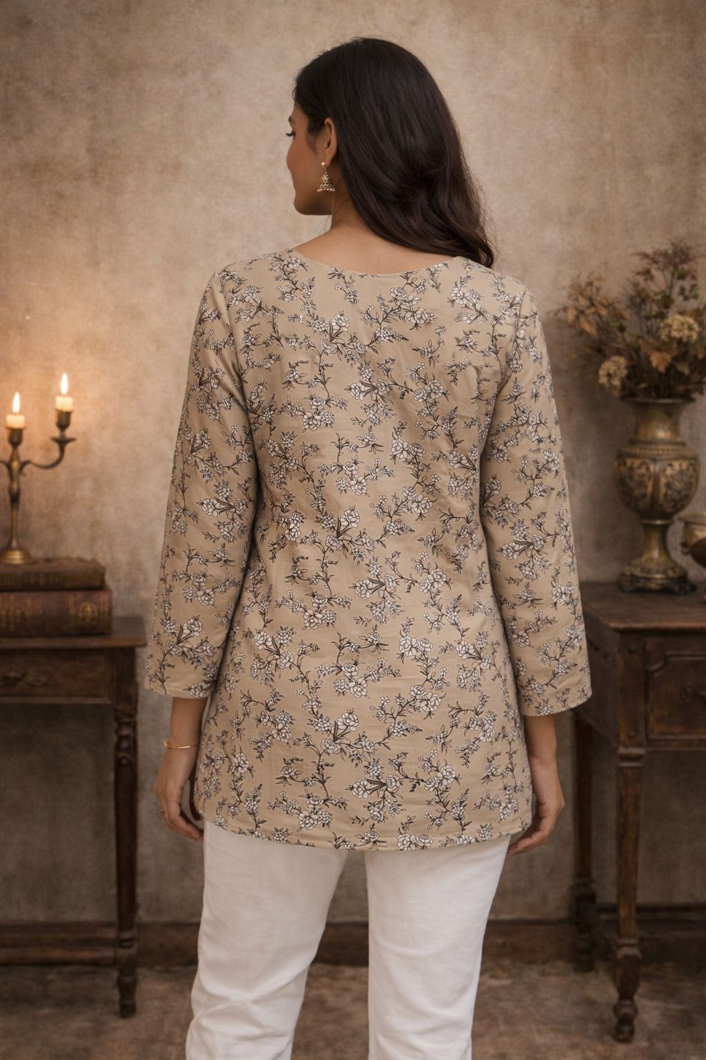 Beige Maslin Digital Printed Kurti — alternate view