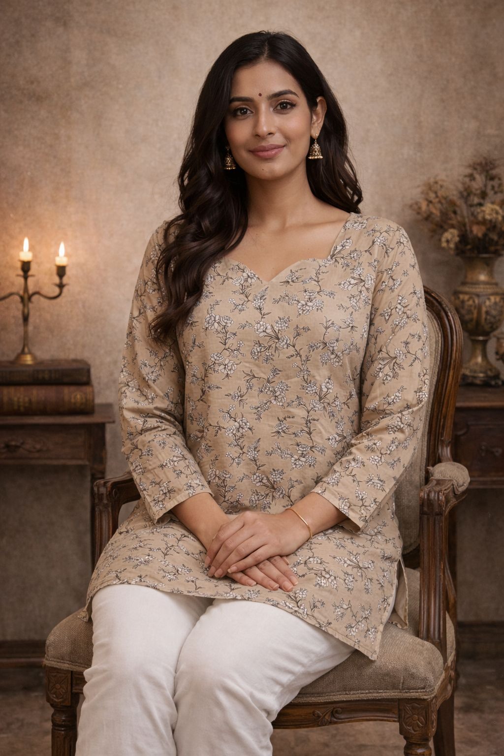 Beige Maslin Digital Printed Kurti
