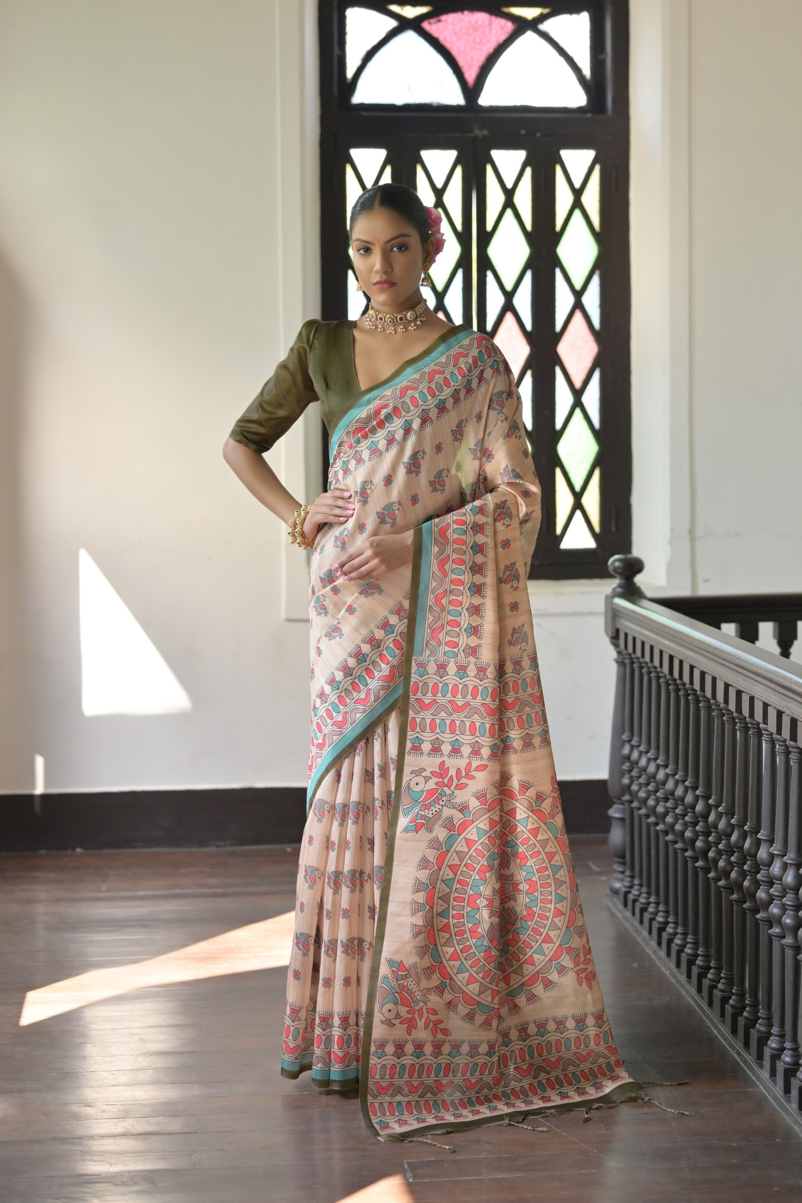 Beige Mehendi Madhubani Printed Tussar Silk Saree